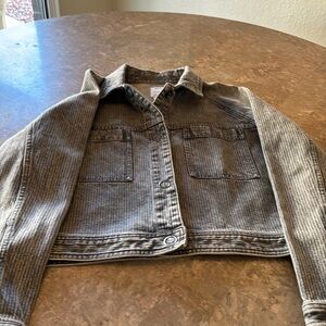 Waist length, gray striped jean jacket. Very unique size extra large.
